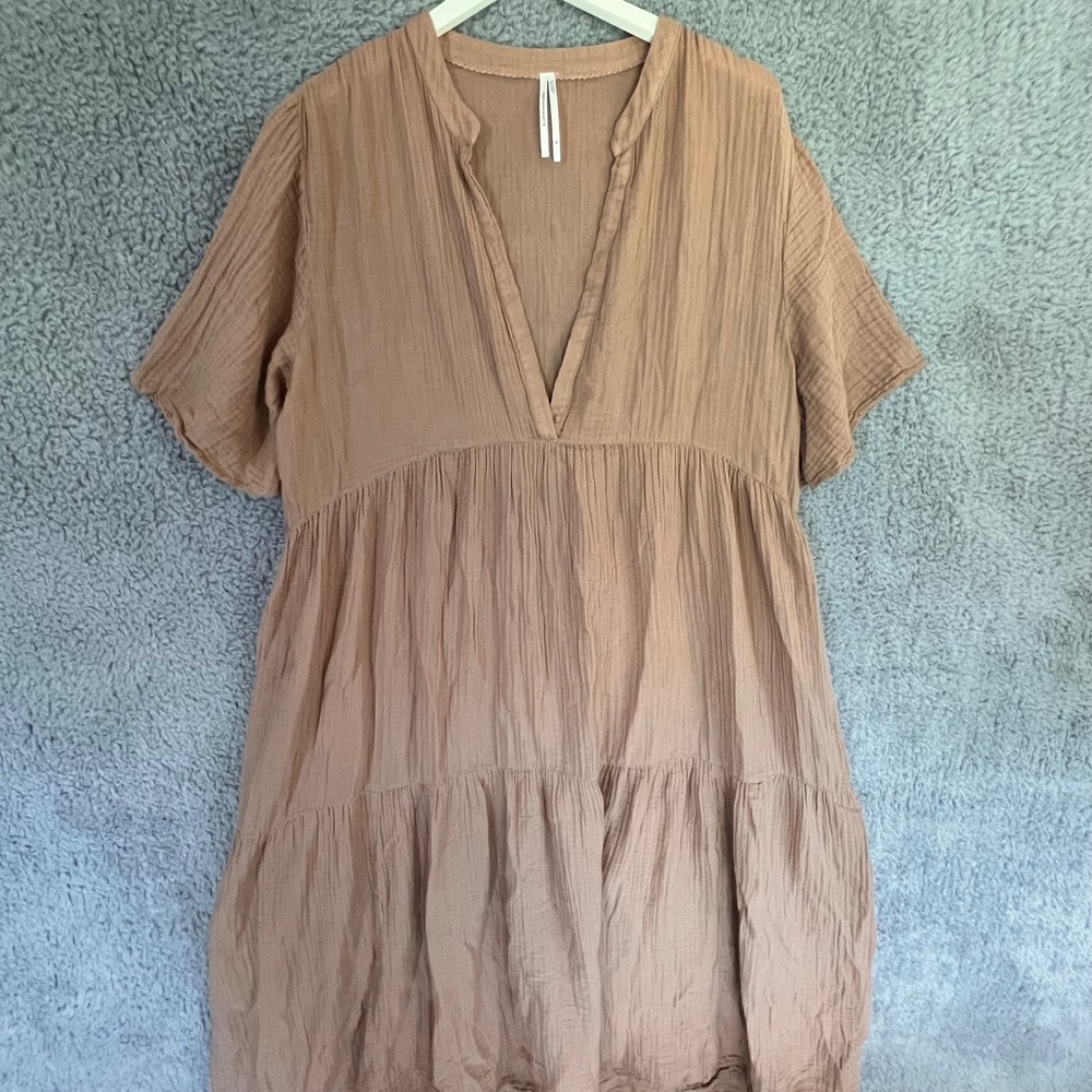 Anthropologie Gauze Kallie Dress Tiered Flowy XL Tan Brown V Neck Boho